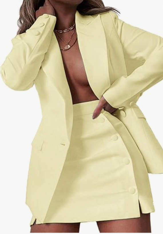 Tcremisa Women's 2-Piece Outfit Long Sleeve Lapel Blazer and Slit Mini Skirt Suit Set Office Business Suits, Yellow, Small, yellow